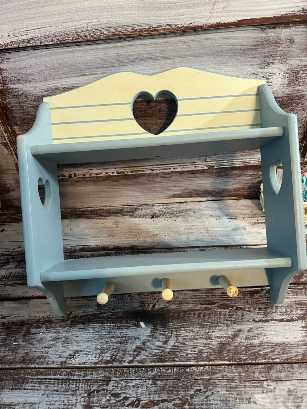 Blue and Cream Heart Wall Shelf with Pegs